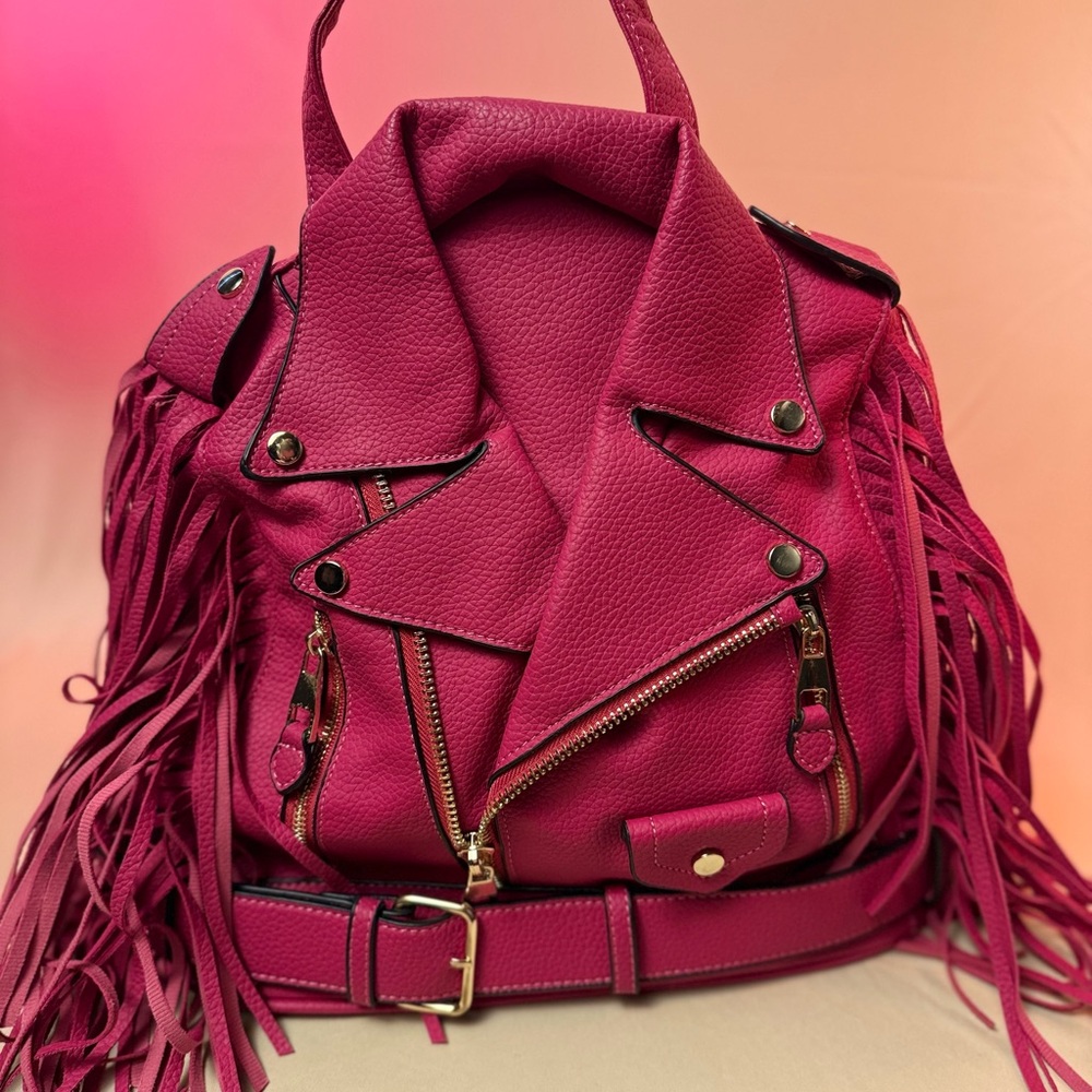 Chic Fringed Pink “Leather Jacket” Backpack